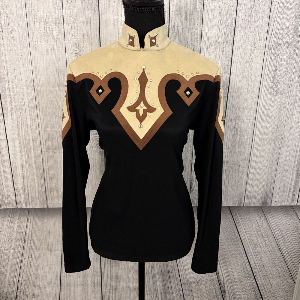 Hobby Horse Women’s XL Black & Tan Show Shirt Rhinestones Suede Equestrian USA